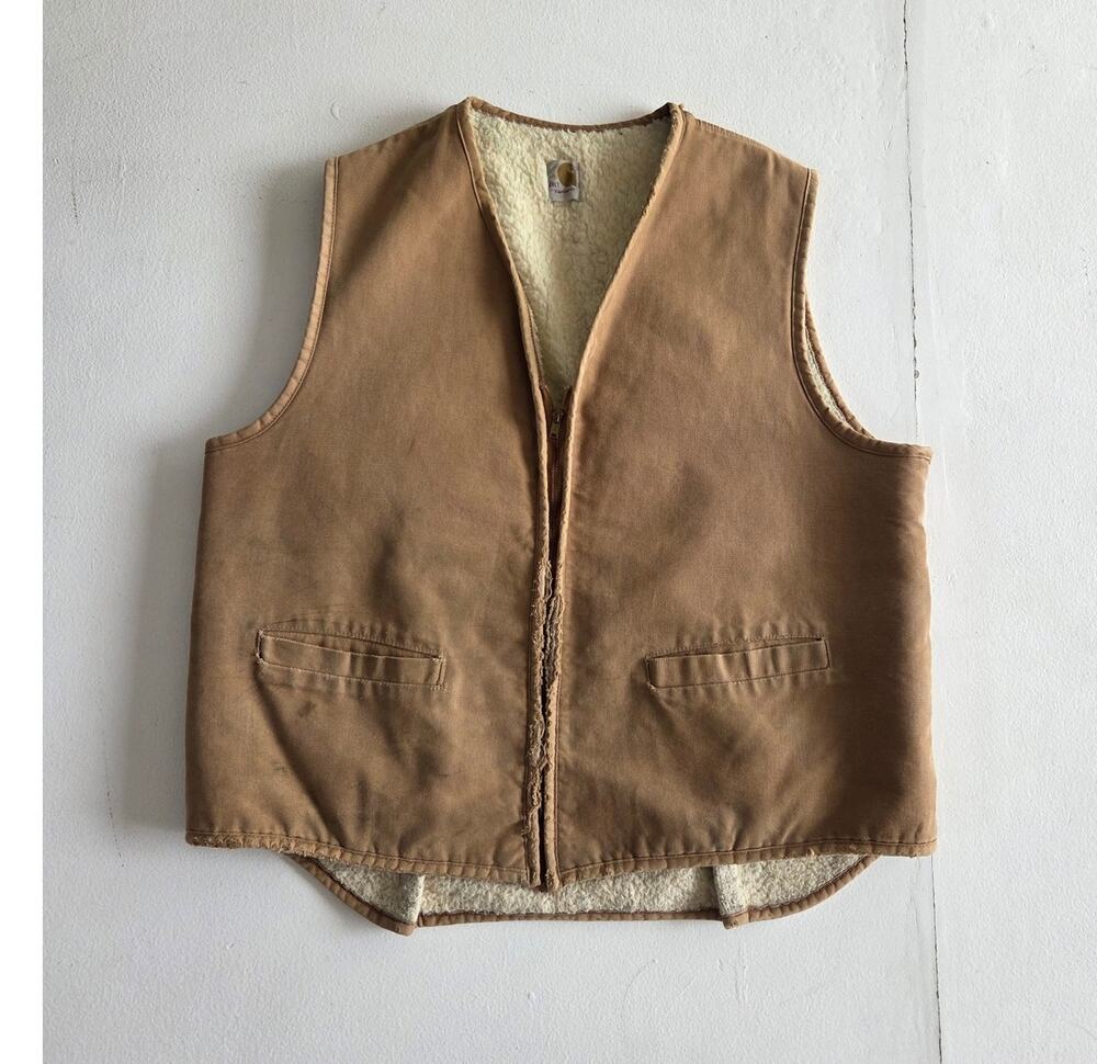 Vintage Carhartt XXLT Brown Duck Sherpa Lined Distressed Workwear Vest USA